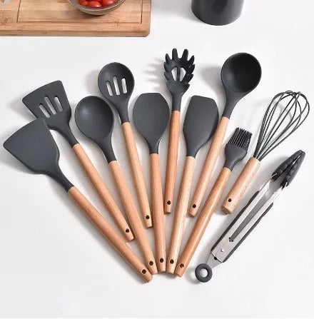 Kit de colher de silicone para cozinha, antiferrugem BPA, conjunto de utensílios de cozinha de madeira, 12 peças