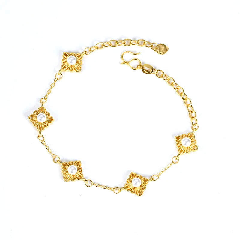 Nova pulseira ouro puro jóias simples para mulher ouro 24k flor imitação pérola flor de quatro folhas au999