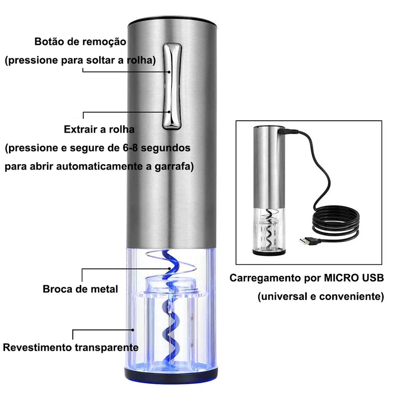 Abridor de Vinho Elétrico Recarregável Automático Saca-Rolhas