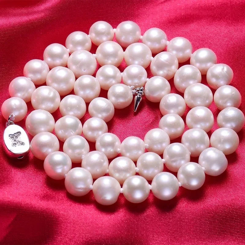 Colar de Pérolas Naturais de Água Doce, Colar Branco Próximo Redondo com Fivela de Borboleta de grau AA 8-9mm