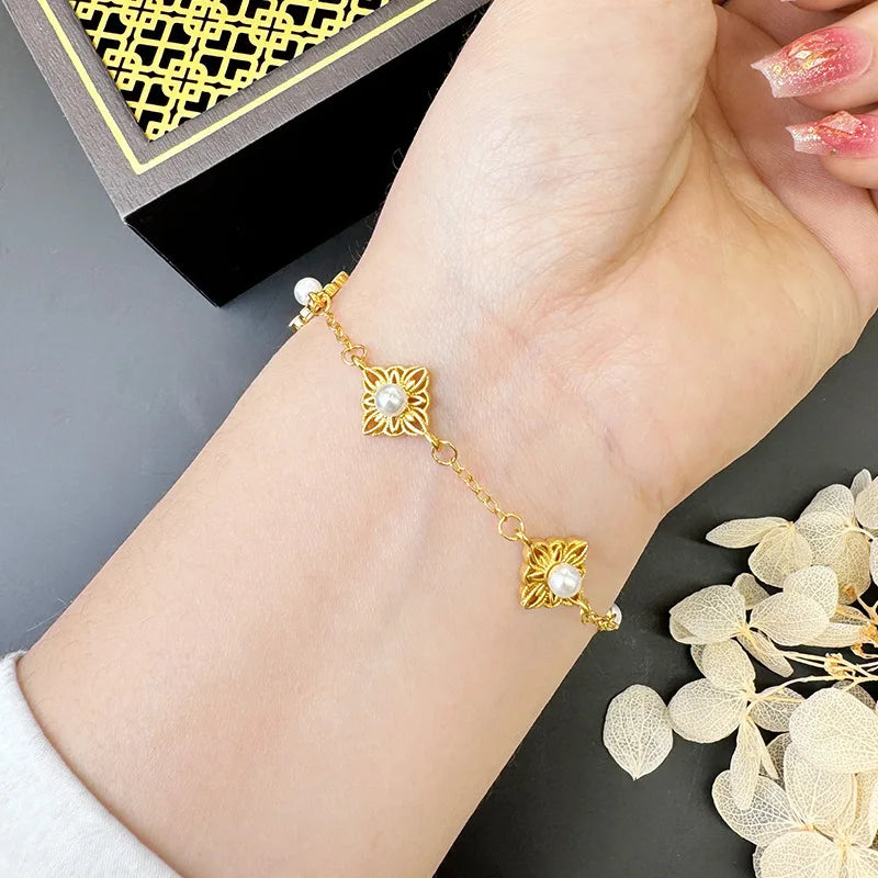 Nova pulseira ouro puro jóias simples para mulher ouro 24k flor imitação pérola flor de quatro folhas au999